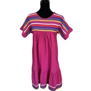 Womens Hot Pink MuMu Housedress Cotton Medium Striped Embroidered Pockets Midi